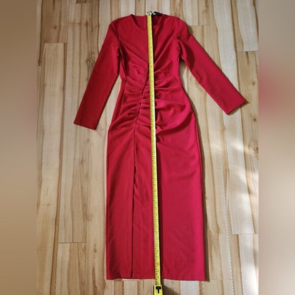 Zara XS Red Midi Dress, Round Neck, Long sleeve, Slit ans Drape in Front, Zip-up - Picture 13 of 16